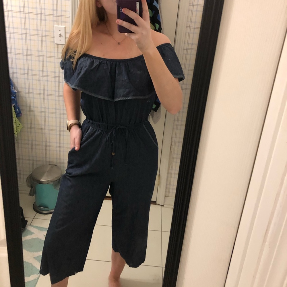 Denim off the shoulder jumpsuit